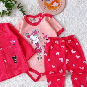 سه تیکه دخترانه ( بادی استین کوتاه+ شلوار+ جلو دکمه  )