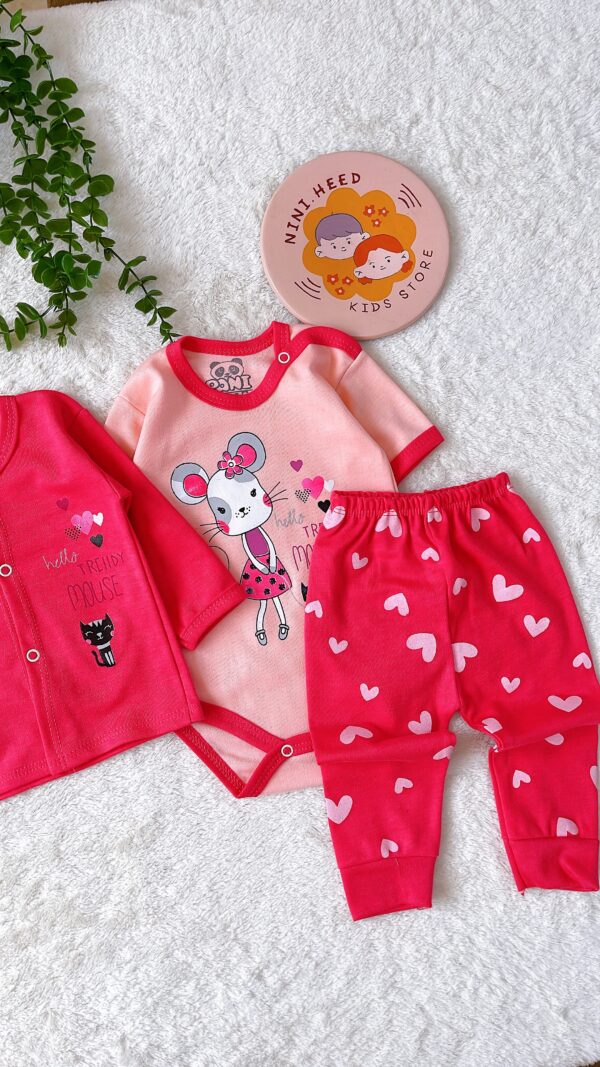 سه تیکه دخترانه ( بادی استین کوتاه+ شلوار+ جلو دکمه  ) - Image 1