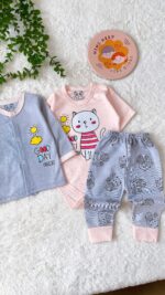 سه تیکه دخترانه (  بادی استین کوتاه+شلوار+ جلو دکمه  )