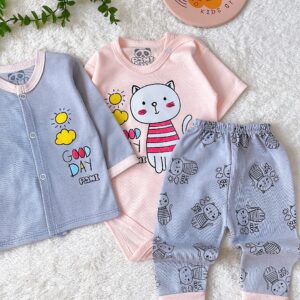 سه تیکه دخترانه (  بادی استین کوتاه+شلوار+ جلو دکمه  )