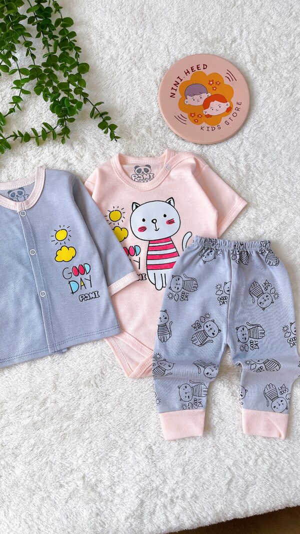 سه تیکه دخترانه (  بادی استین کوتاه+شلوار+ جلو دکمه  ) - Image 1